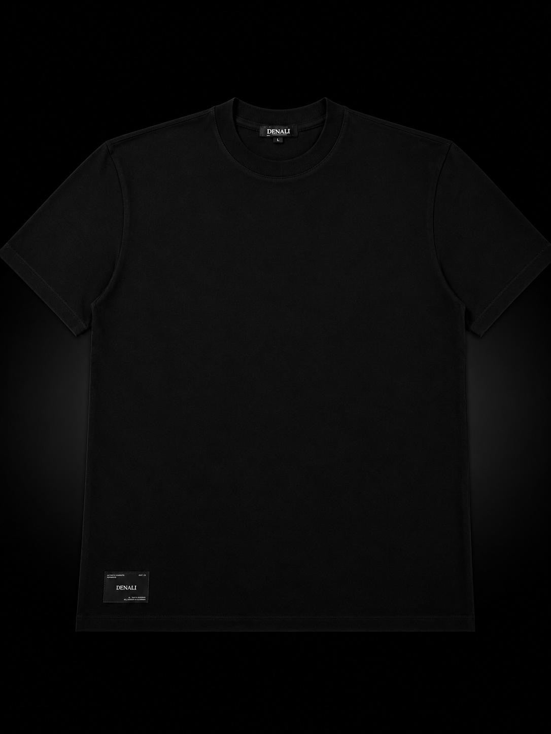 Vista delantera Black Ice DL — camiseta oversized Full Black con logo DL en pedrería — DENALI